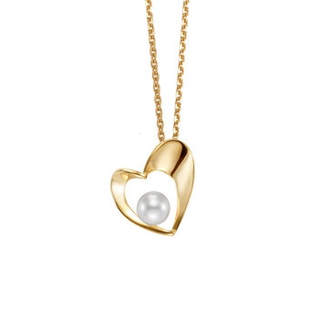 Dije de Perla en Corazon con Cadena, 5-5.5mm, Oro Amarillo de 14K