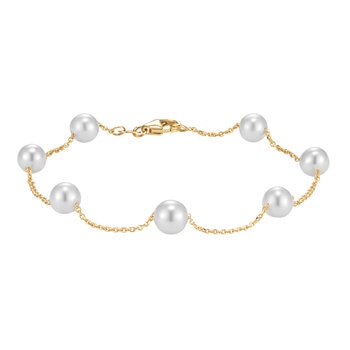 Pulsera de Perlas, Blancas, 5.5-6.0mm, Oro Amarillo de 14k