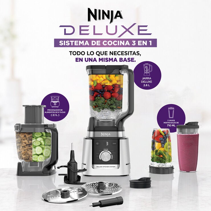 Ninja Deluxe, Sistema de Cocina 3 en 1 con Licuadora 2.6 L, Procesador de alimentos 2.1 L y 2 vasos individuales 710 ml c/u Ninja Deluxe, Sistema de Cocina 3 en 1 con Licuadora 2.6 L, Procesador de alimentos 2.1 L y 2 vasos individuales 710 ml c/u