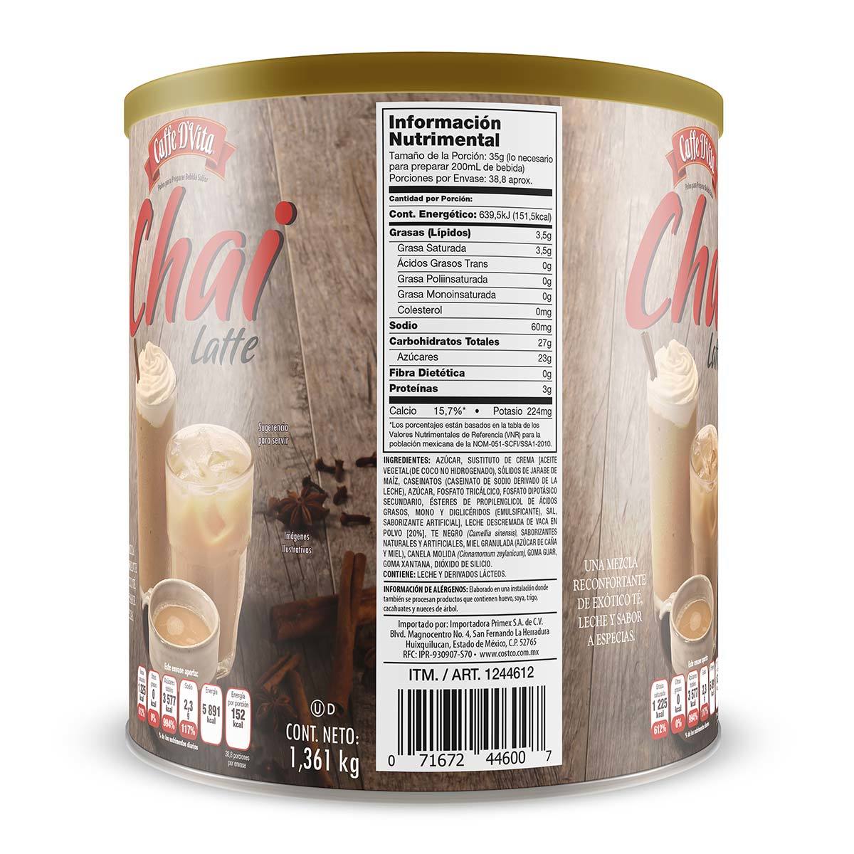 Bebida en polvo Caffe D´Vita Sabor Chai Latte 1,36 Kg Costco México