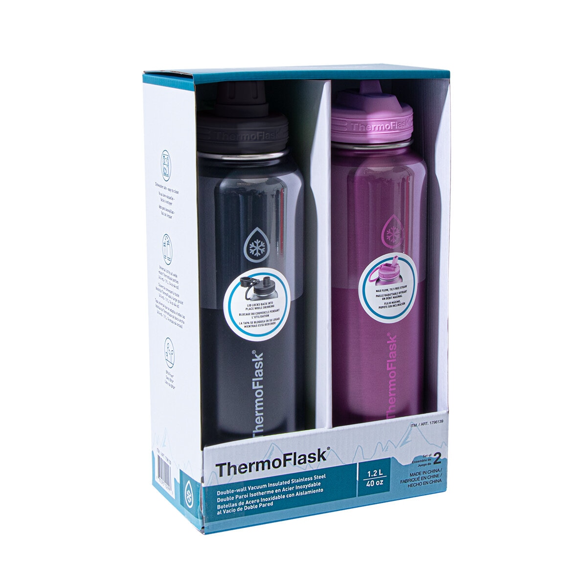 Thermoflask Botellas de Acero Inoxidable con Aislamiento al Vacio de Doble Pared 1.2L Rosa/Negro