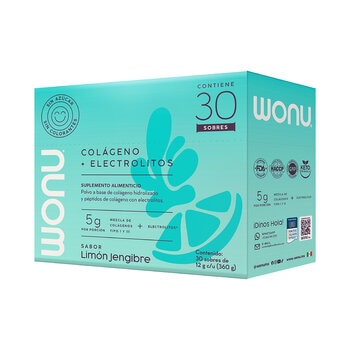 WONU Colágeno con Electrolitos en Polvo Sabor Limón-Jengibre 30 pzs de 12 gr