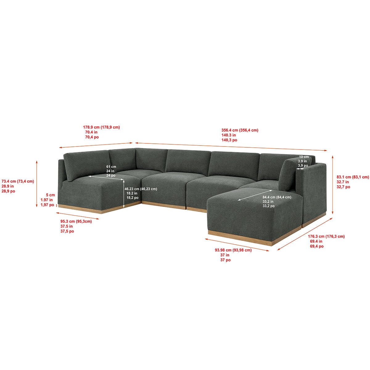 Henredon, Murphy, Sofá Seccional Modular de Tela de 6 piezas con Otomano