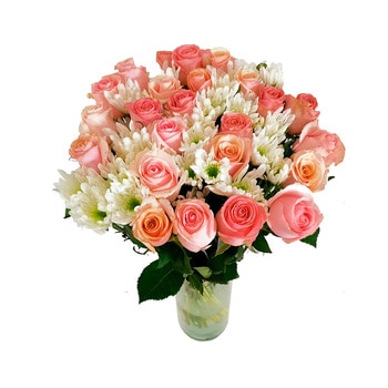 Chiltepec, Bouquet de Rosas con Crisantemos en Florero de Vidrio Chiltepec, Bouquet de Rosas con Crisantemos en Florero de Vidrio