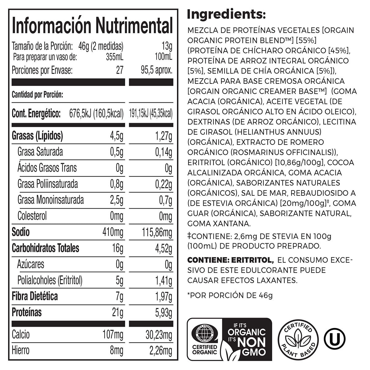 Proteína Orgánica en Polvo Sabor Chocolate, Orgain, 1.2 kg