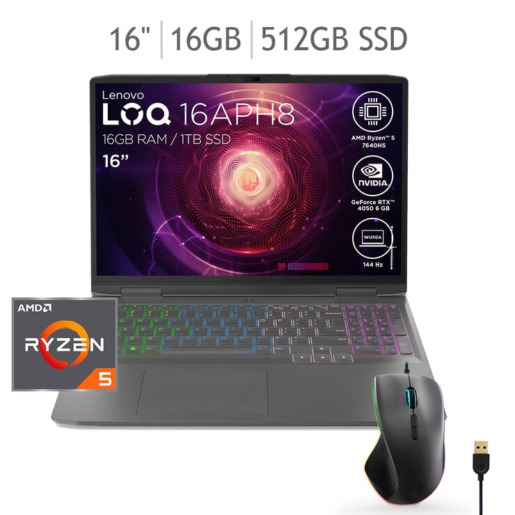 Lenovo LOQ Laptop Gaming 16" Full HD AMD Ryzen 5 16GB 512GB SSD + Mouse