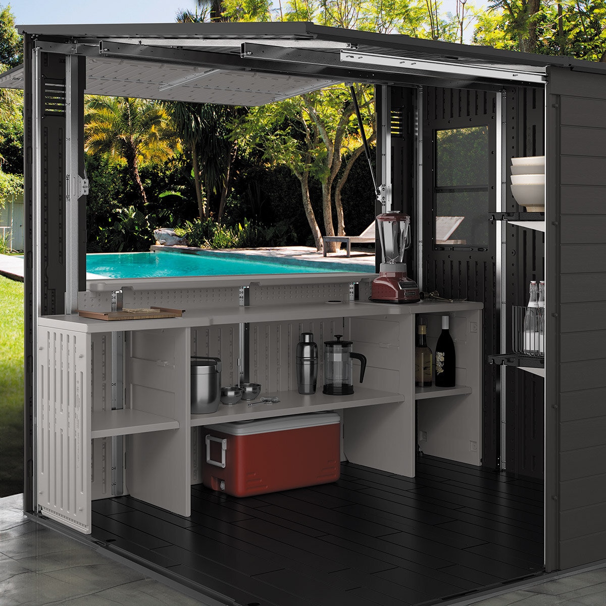 Suncast, Cobertizo de Entretenimiento Tipo Cabaña de 2.4 m x 2.1 m