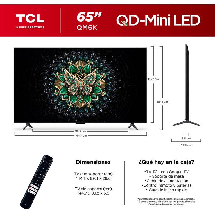TCL Pantalla 65" QD-Miniled 4K Google TV