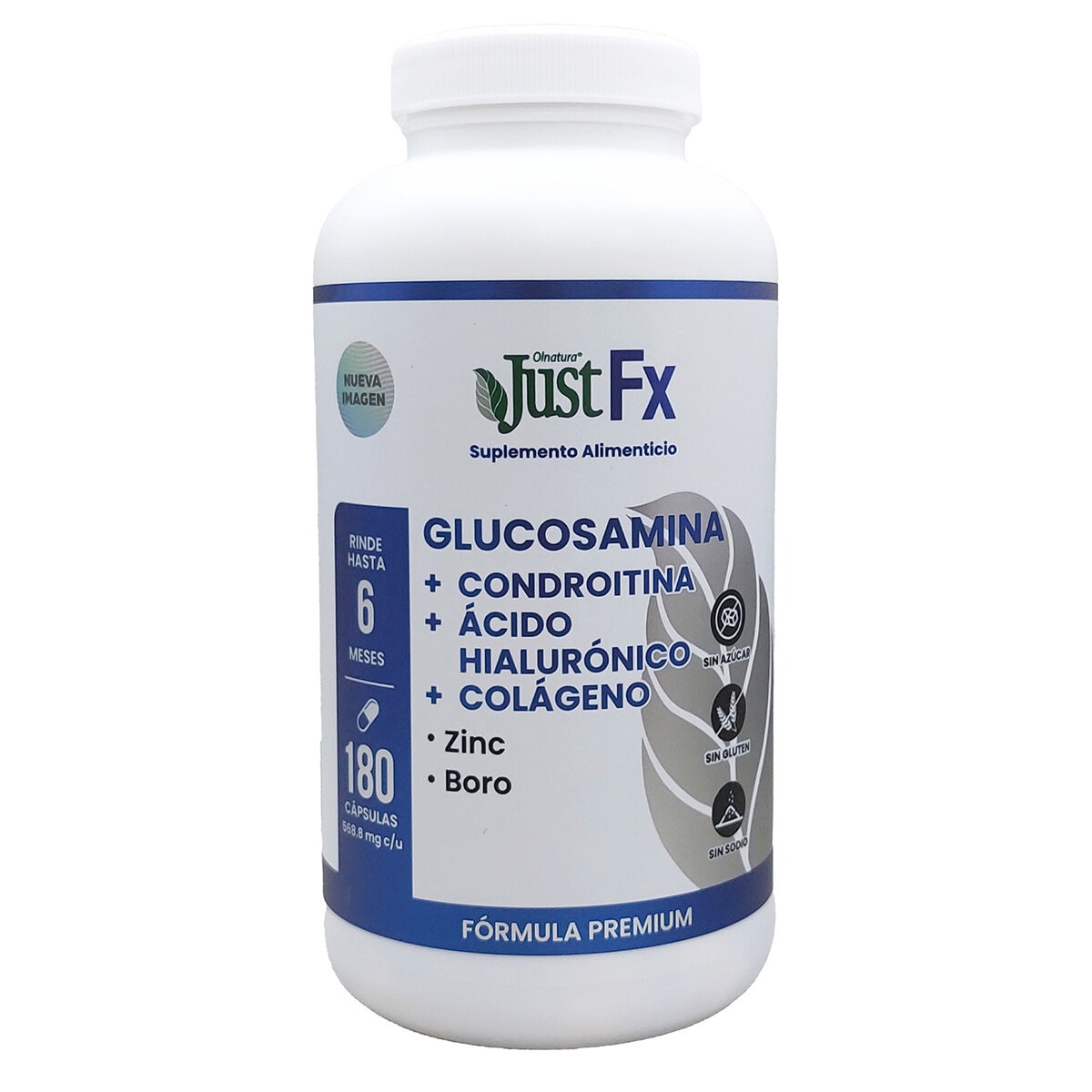JustFX Glucosamina Condroitina, Ácido Hialurónico, Colágeo, Zinc y Boro Frasco de 180 Cápsulas