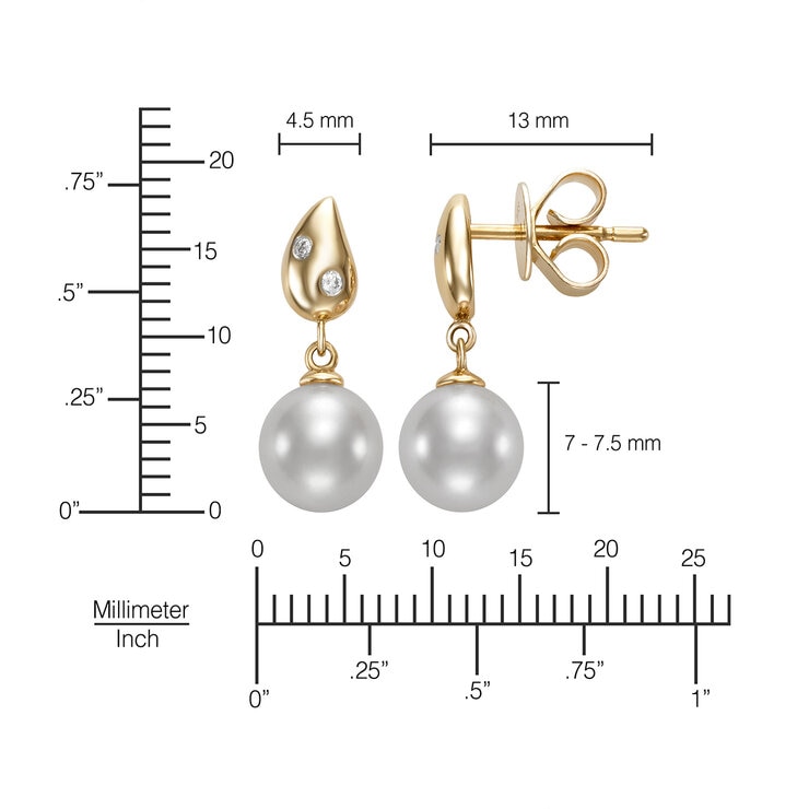 Aretes de Perlas Cultivadas, 7-7.5mm, con Diamantes .04ctw, Oro Amarillo de 14K