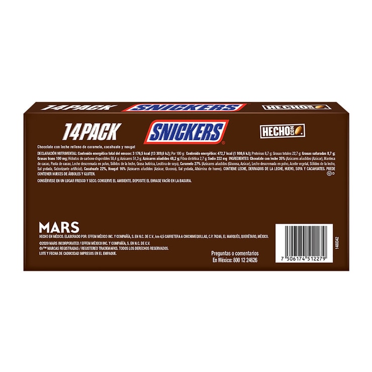 Snickers Chocolate Relleno de Caramelo, Cacahuate y Nougat 14 pzas de 48 g