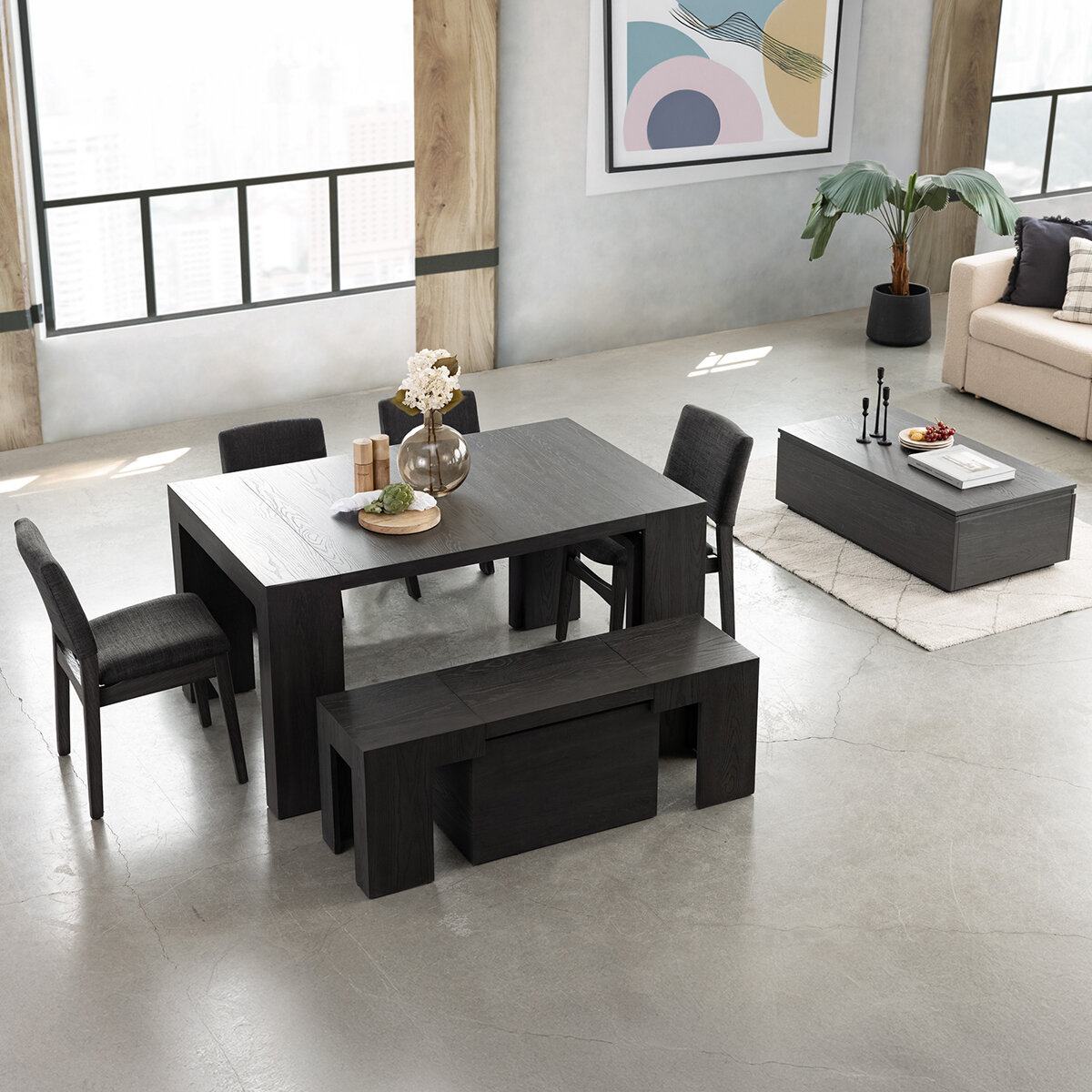 Transformer Table, Set de Comedor Expandible Color Gris Oscuro, Capacidad de hasta 12 Personas, 100% Madera