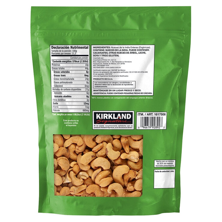 Kirkland Signature Nueces de la India Orgánicas sin Tostar y sin Sal 1.13 kg