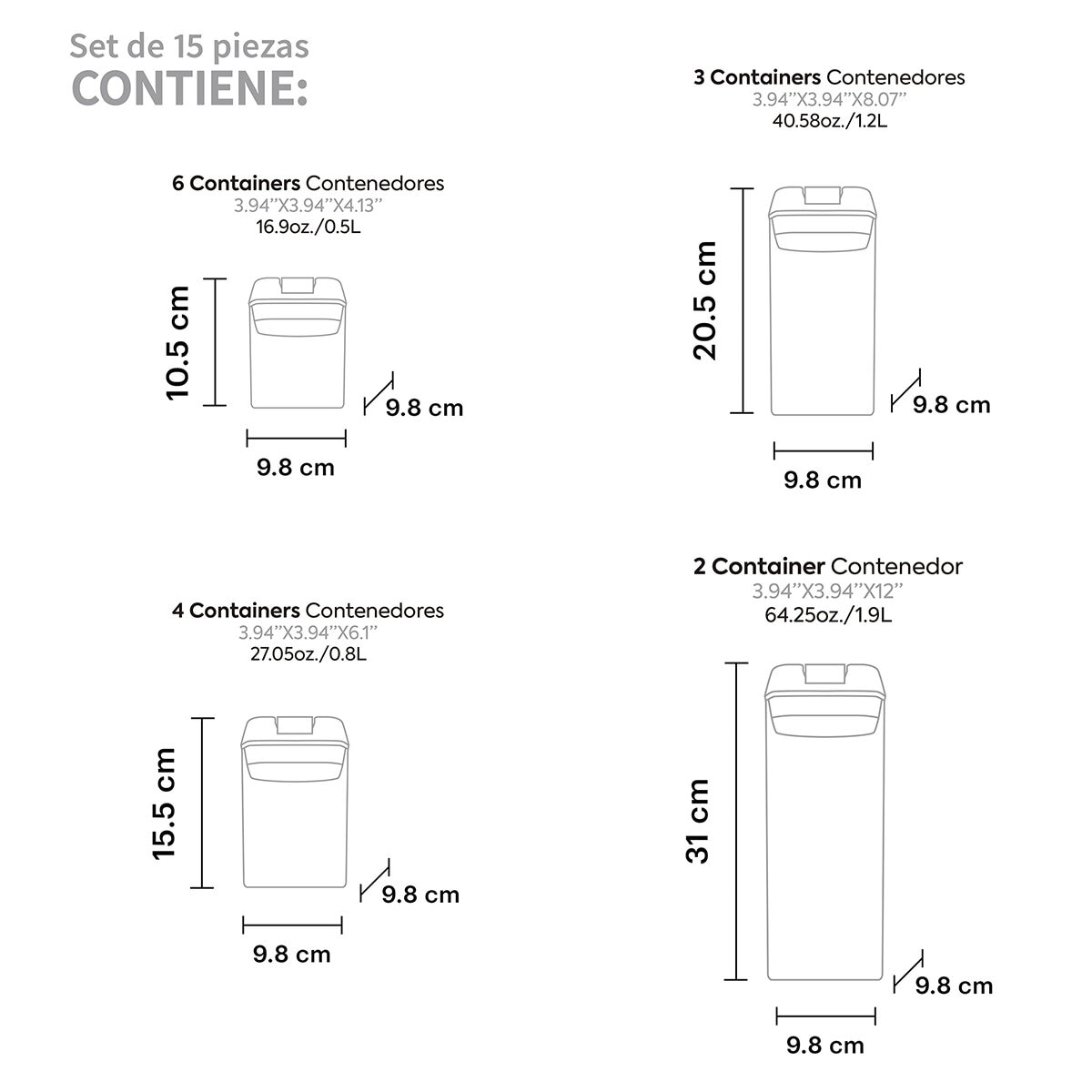 AG Box, Set de 15 Piezas de Contenedores para Alimentos, Color Blanco AG Box, Set de 15 Piezas de Contenedores para Alimentos, Color Blanco