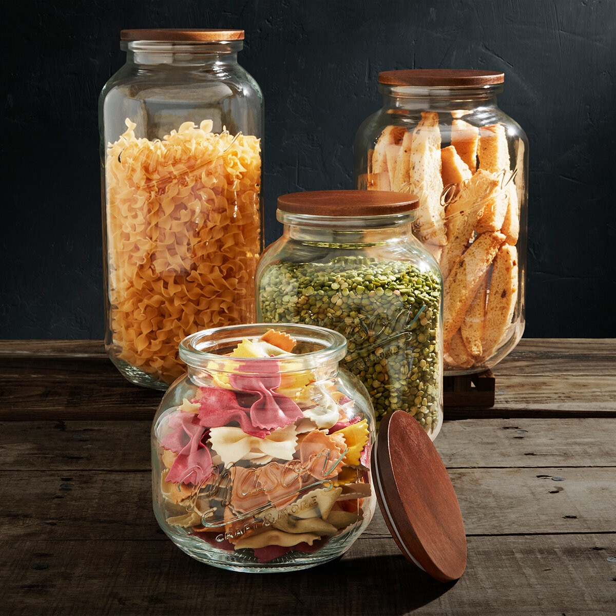 Mason Juego de 4 Frascos de Vidrio con Tapas de Madera de Acacia