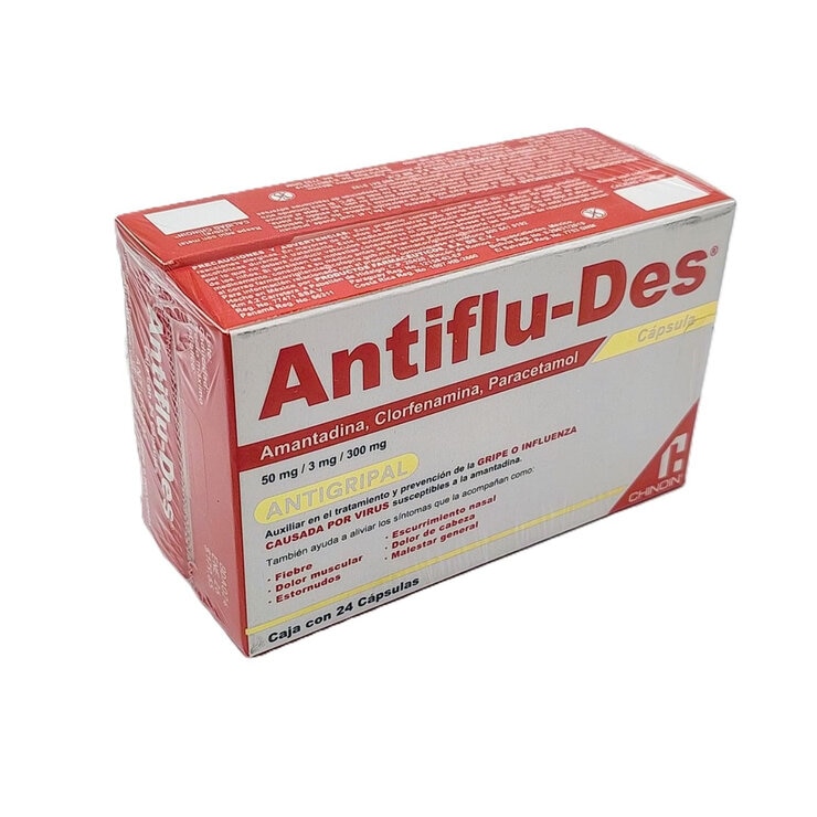 Antiflu-Des Amantadina 50mg, Clorfenamina 3mg, Paracetamol 300mg 2 Cajas de 24 Cápsulas c/u