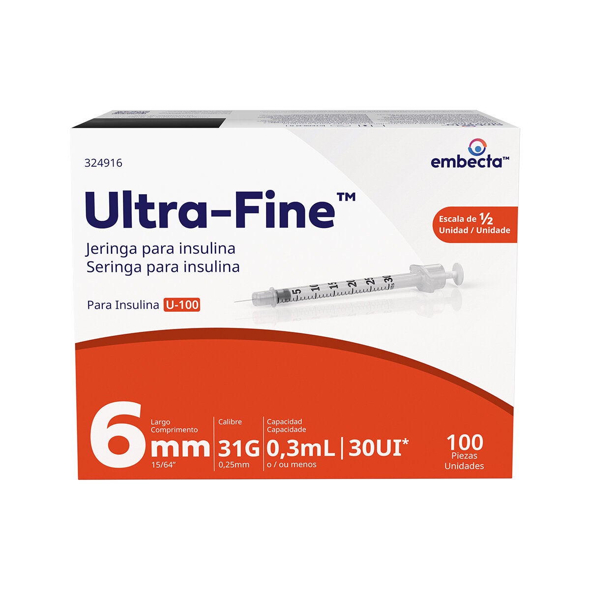BD Jeringa Ultra-Fine 0.3mL 31G 6mm c/100 Piezas Autocontenidas BD Jeringa Ultra-Fine 0.3mL 31G 6mm c/100 Piezas Autocontenidas