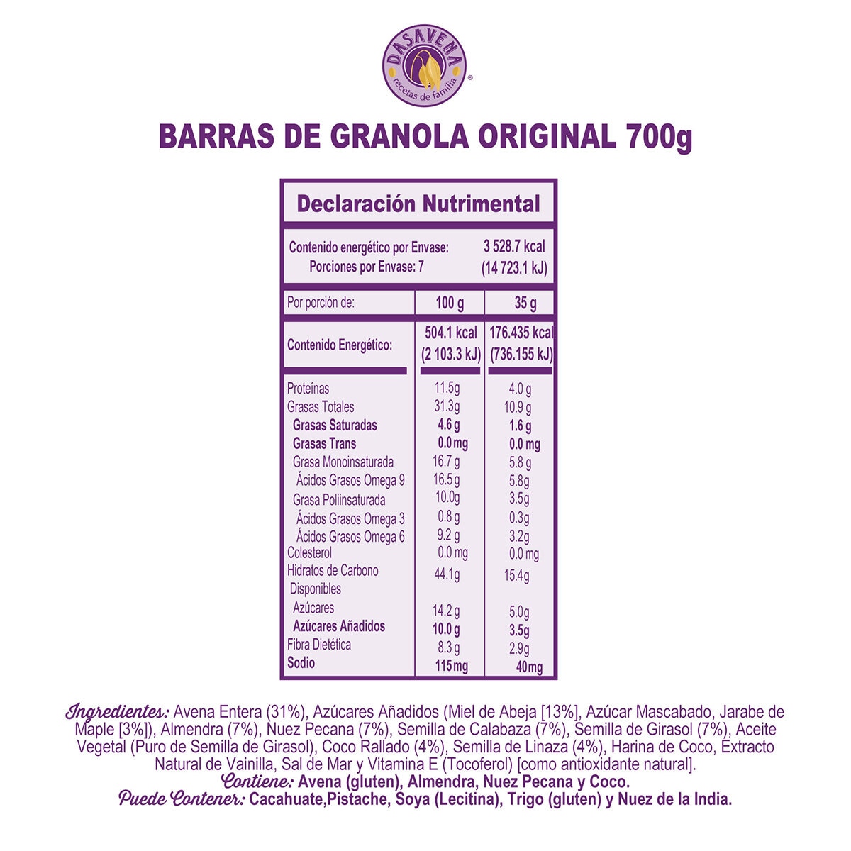 Dasavena Barras de Granola Crujientes 20 pzas de 35 g