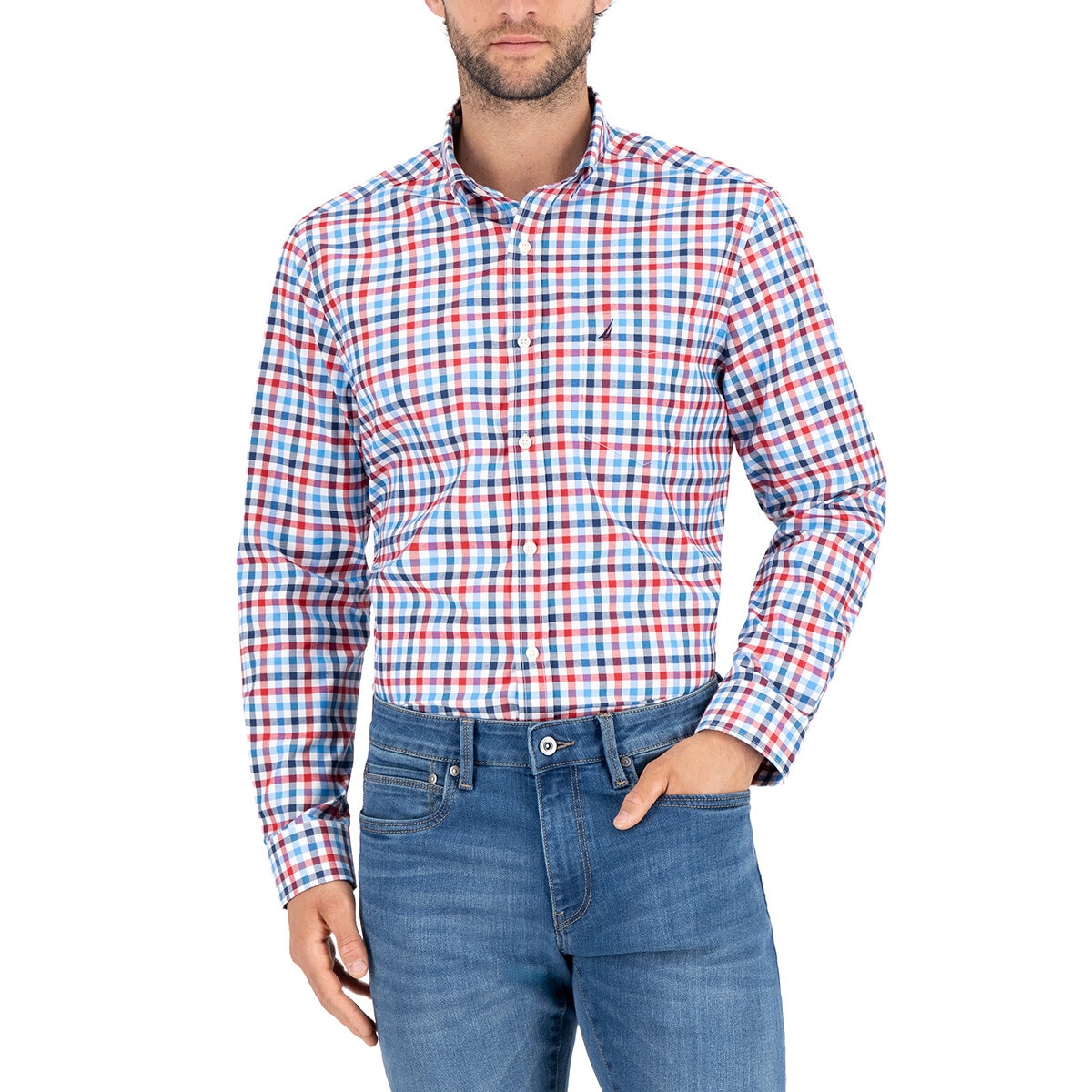 Nautica Camisa para Caballero Rojo y cuadros azules Extra Grande