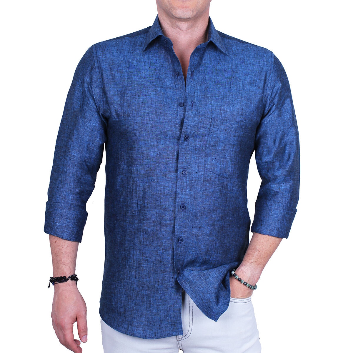 Emporio Colombo, Camisa de Lino para Caballero Corte Regular/Slim en Varias Tallas, Color Azul