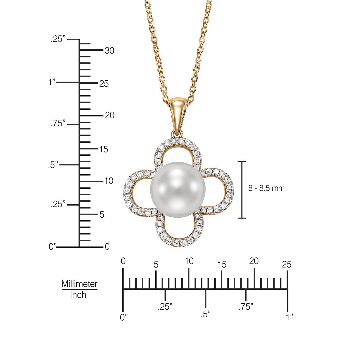 Dije de Perla Cultivada, 8-8.5mm, Con Diamantes .19ctw, Oro Amarillo de 14K