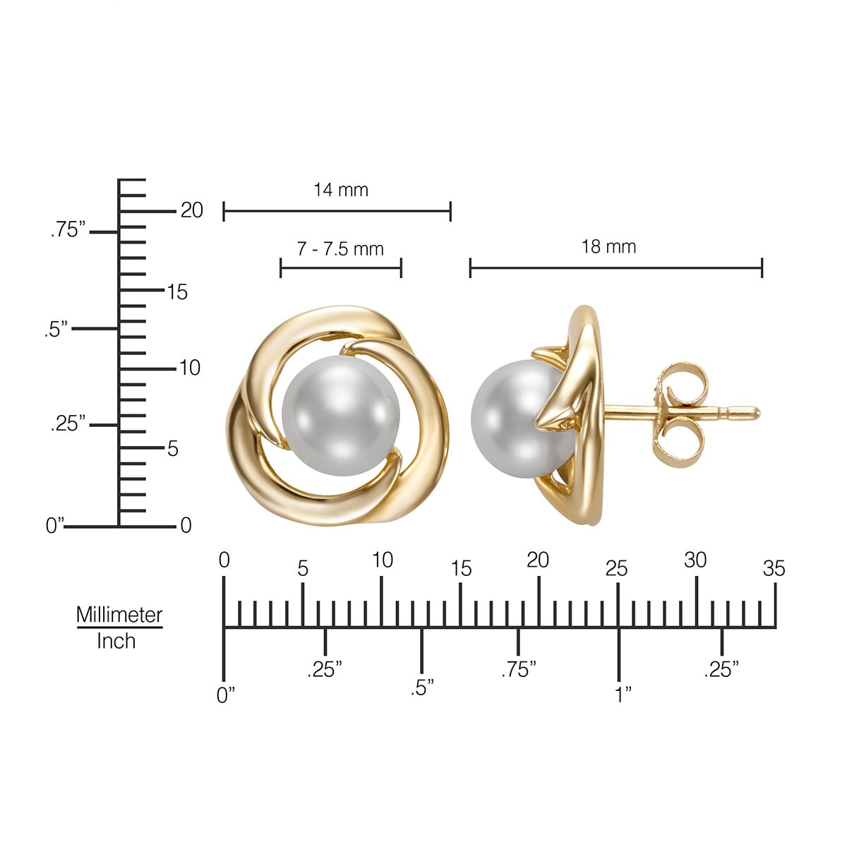 Aretes de Perlas Cultivadas, 7-7.5mm, de Oro Amarillo de 14K