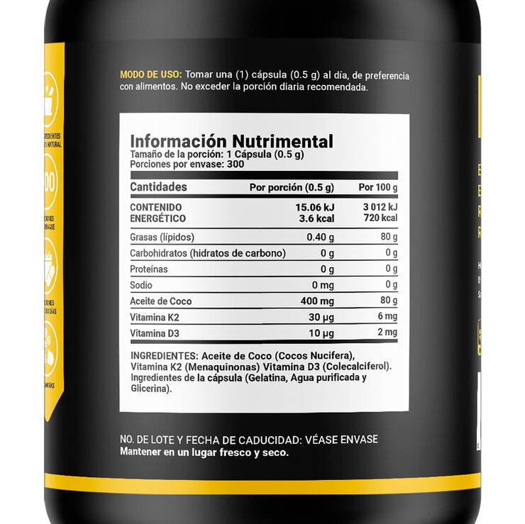 B Life Aceite de Coco, Vitamina D3 y K2 Frasco con 300 Cápsulas de Gel