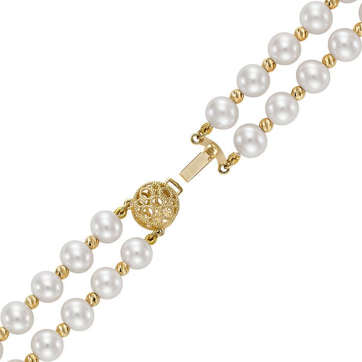 Pulsera de Perlas Cultivadas 7-8mm con Dos Filas, Oro Amarillo de 14K Pulsera de Perlas Cultivadas 7-8mm con Dos Filas, Oro Amarillo de 14K