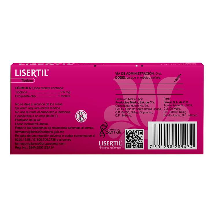 Lisertil Tibolona 2.5mg 30 Tabletas
