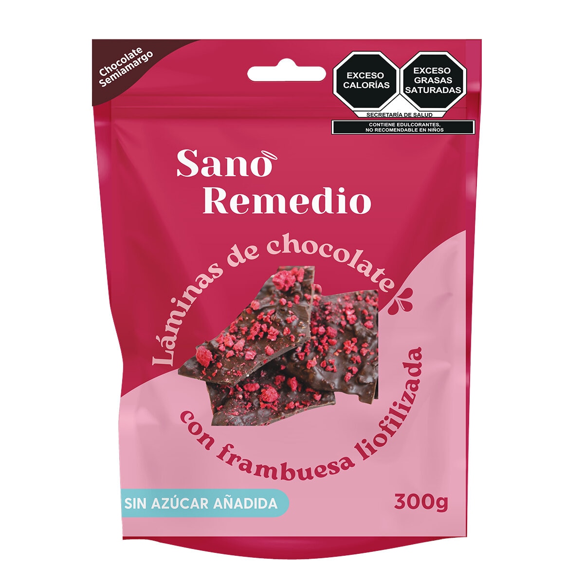 Sano Remedio, Laminas De Chocolate Sin Azucar Con Frambuesa Liofilizada 300 g