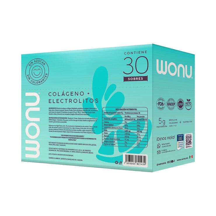 WONU Colágeno con Electrolitos en Polvo Sabor Limón-Jengibre 30 pzs de 12 gr