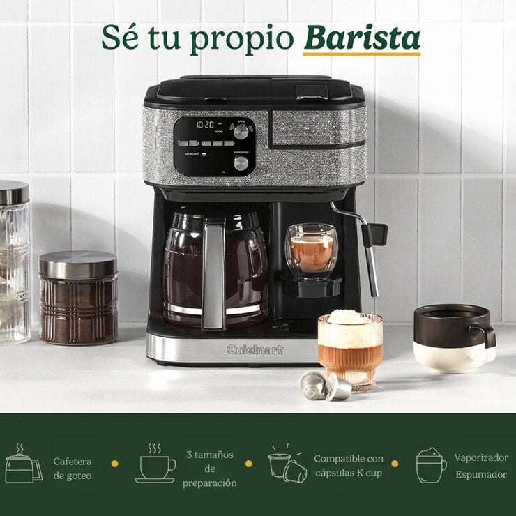 Cuisinart, Cafetera Multifuncional Barista Bar Crystal Glam 4 en 1, Compatible con cápsulas Keurig K-Cup, Nespresso Original Line Cuisinart, Cafetera Multifuncional Barista Bar Crystal Glam 4 en 1, Compatible con cápsulas Keurig K-Cup, Nespresso Original Line
