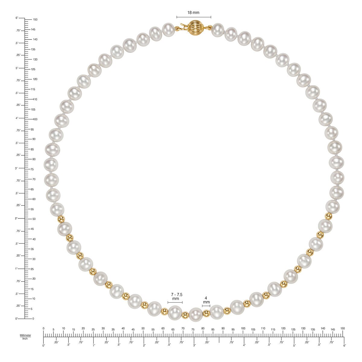 Collar de Perlas Cultivadas, 7-7.5mm, Oro Amarillo de 14K