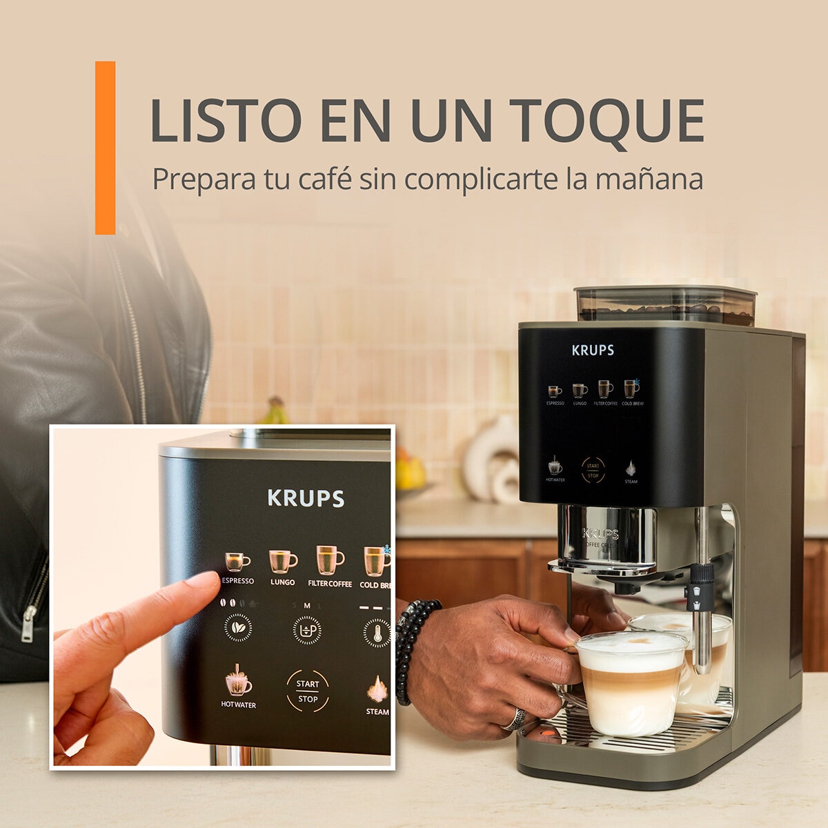 Krups Coffee Crush Experience, Cafetera Automática con Espumador de leche compatible con café en grano y molido