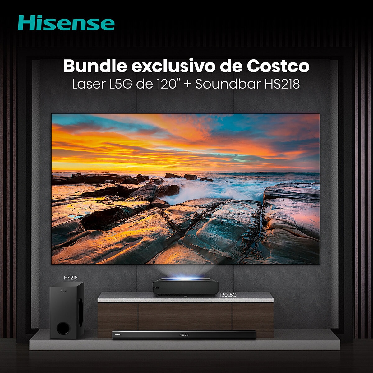 Hisense Pantalla 120" Laser TV 4K UHD Smart TV + Barra de Sonido de 2.1 Canales con Subwoofer Inalámbrico