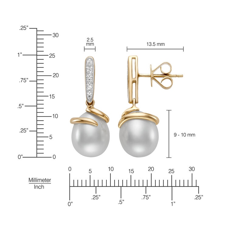 Aretes de Perlas Cultivadas, 9-10mm, con Diamantes .08ctw, Oro Dos Tonos de 14K