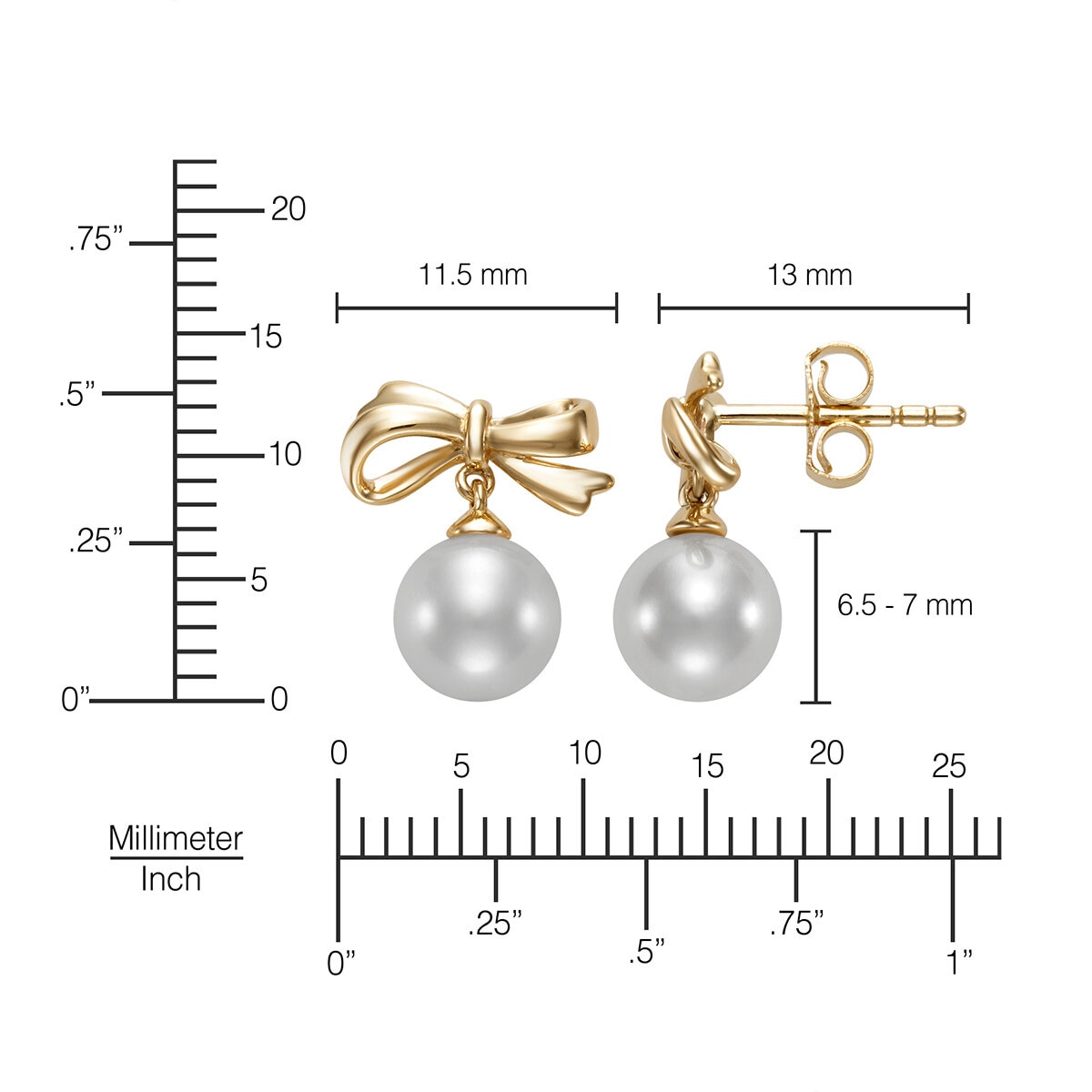 Aretes de Perlas Cultivadas Agua Dulce, 6.5-7.0mm, Oro Amarillo de 14K
