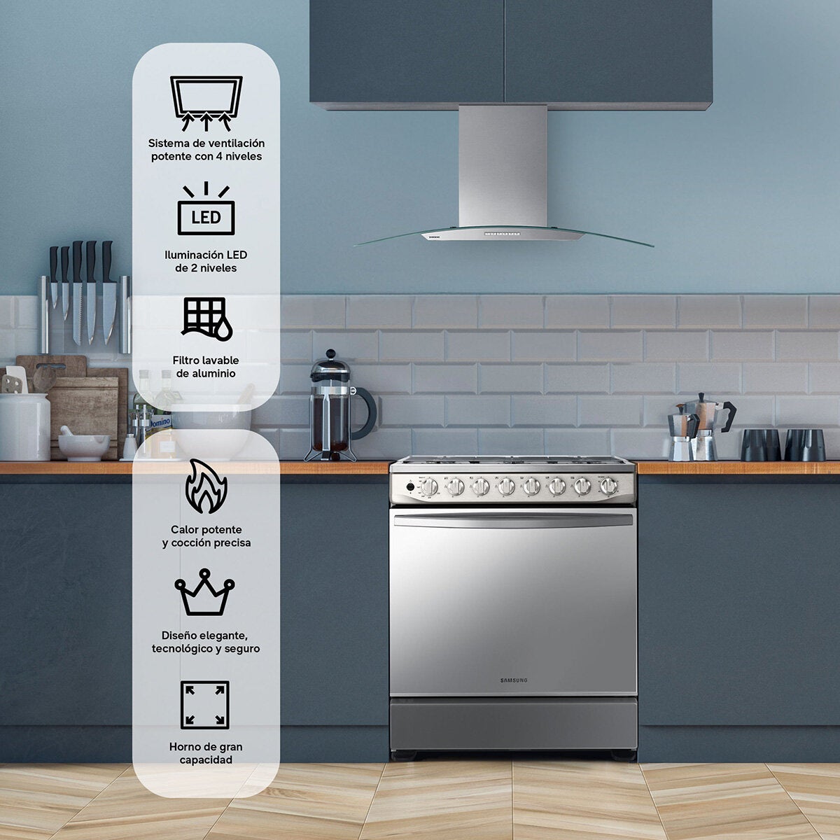 Samsung Combo de Estufa 6 Quemadores y Campana 75cm Samsung Combo de Estufa 6 Quemadores y Campana 75cm