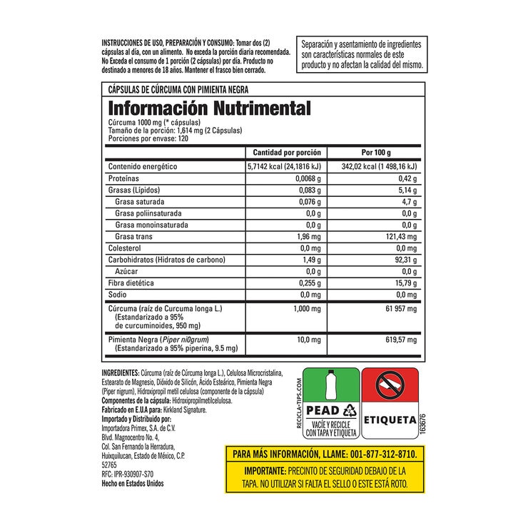 Kirkland Signature Cúrcuma 1000 mg con Pimienta Negra 240 Cápsulas