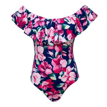 Alas de Sal, Traje de Baño Completo con Olán Estampado de Flores Rosas, para Dama