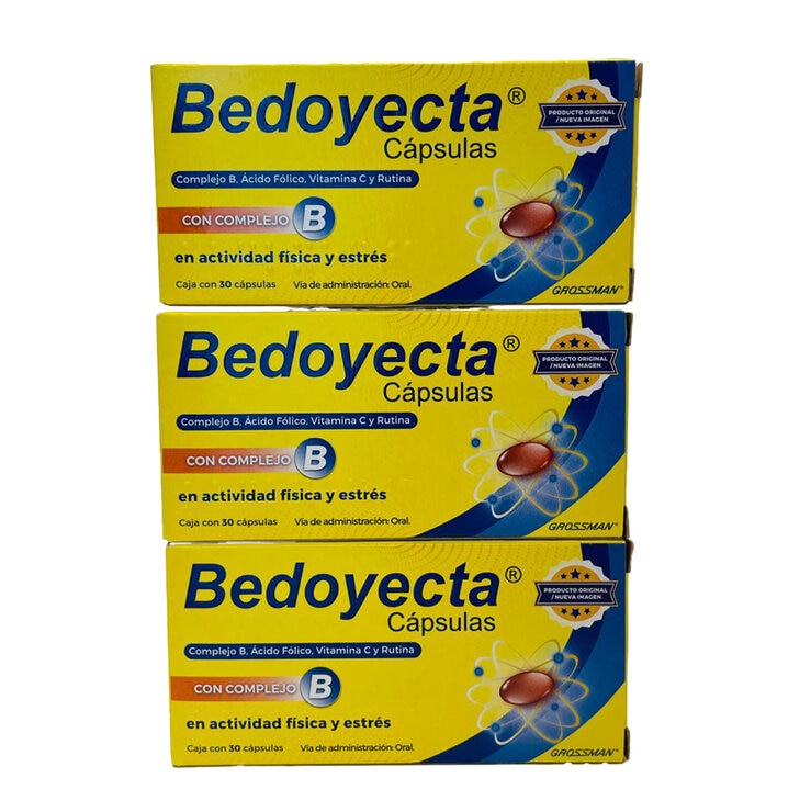Bedoyecta Complejo B, Ácido Fólico, Vitamina C y Rutina Paquete con 3 Cajas de 30 cápsulas c/u