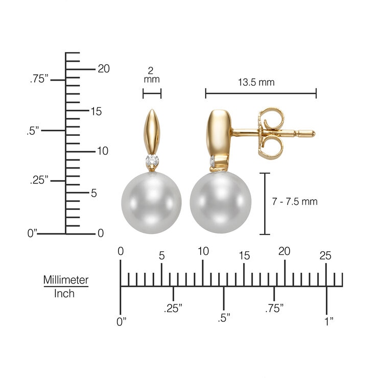 Aretes de Perlas Cultivadas, 7-7.5mm, con Diamantes .034ctw, Oro Amarillo de 14K