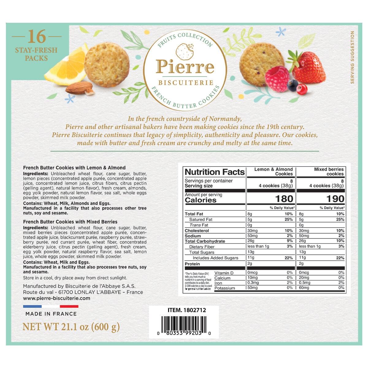 Pierre Biscuiterie Galletas De Mantequilla Con Limón y Frutos Rojos 600g