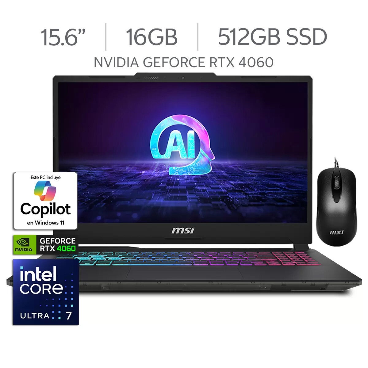 MSI Cyborg 15 Laptop Gaming 15.6'' Full HD NVIDIA GeForce RTX 4060 Intel Core Ultra 7 16GB 512GB SSD + Mouse MSI Cyborg 15 Laptop Gaming 15.6'' Full HD NVIDIA GeForce RTX 4060 Intel Core Ultra 7 16GB 512GB SSD + Mouse