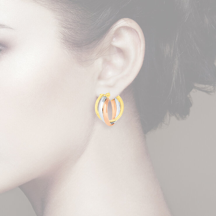 Aretes, Arracadas de Triple Fila, Oro Tres Tonos 14K Aretes, Arracadas de Triple Fila, Oro Tres Tonos 14K