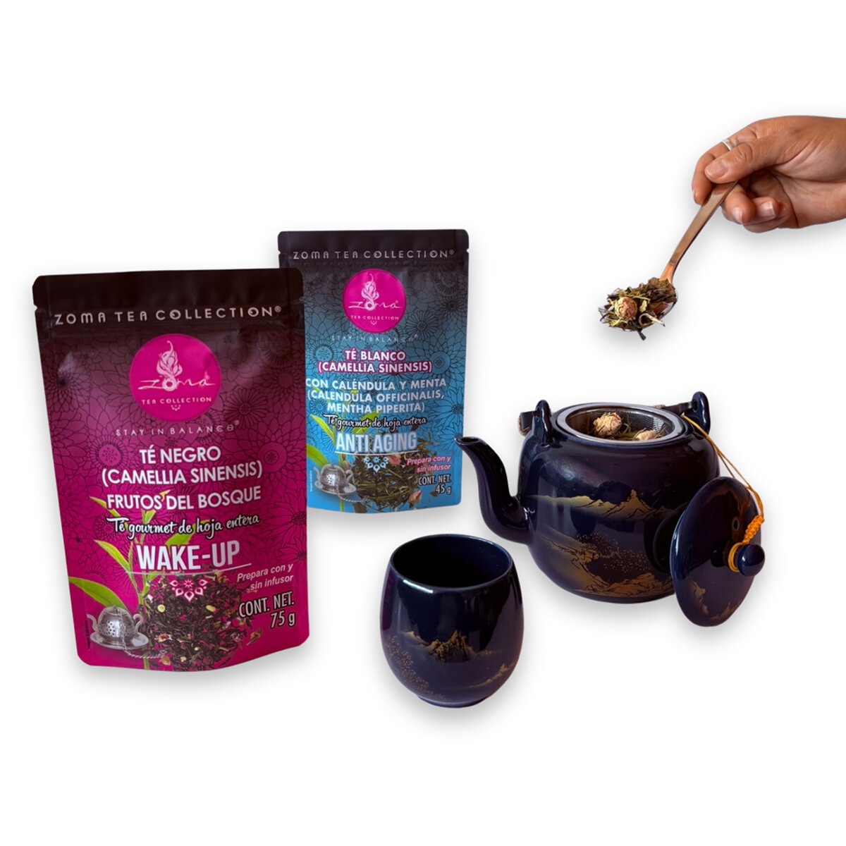 Zoma Tea Collection Juego de Tetera de Porcelana de 820 ml con 6 tazas y 2 sobres de té