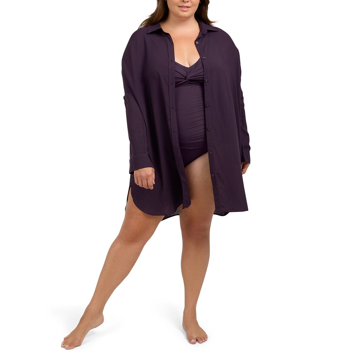 Lands' End Camisa de Playa para Dama Morado Mediana/Larga