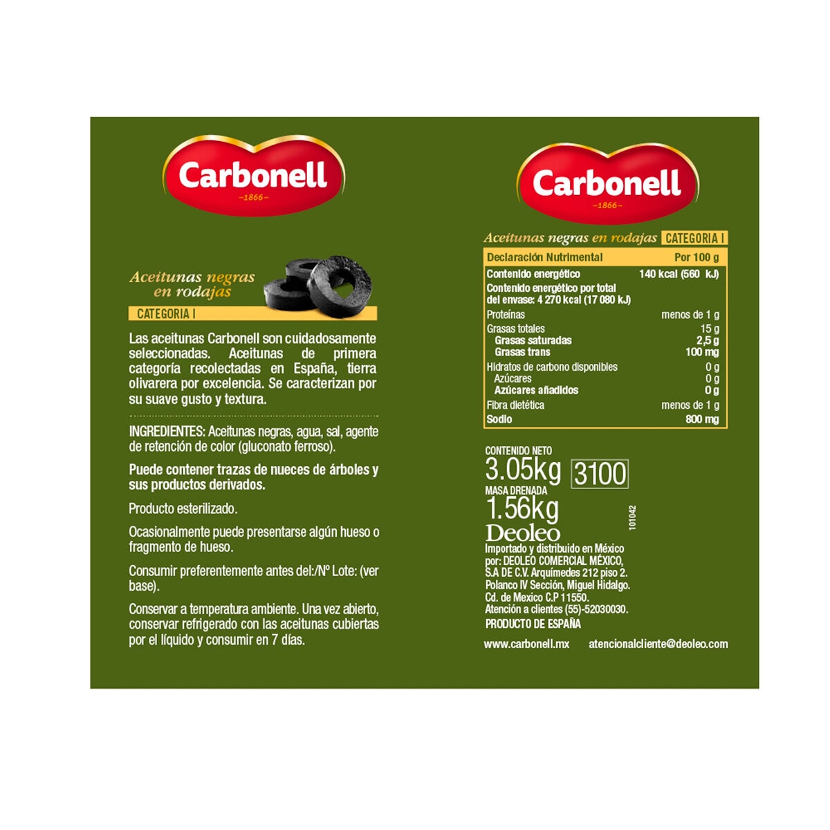 Carbonell Aceitunas Negras En Rodajas 3.05 Kg
