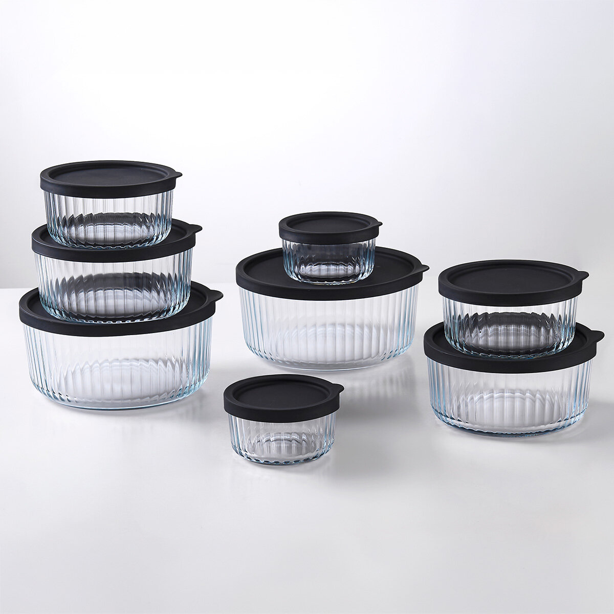 King Crystal 8 Tazones de Vidrio con Tapa de Silicona para Alimentos King Crystal 8 Tazones de Vidrio con Tapa de Silicona para Alimentos