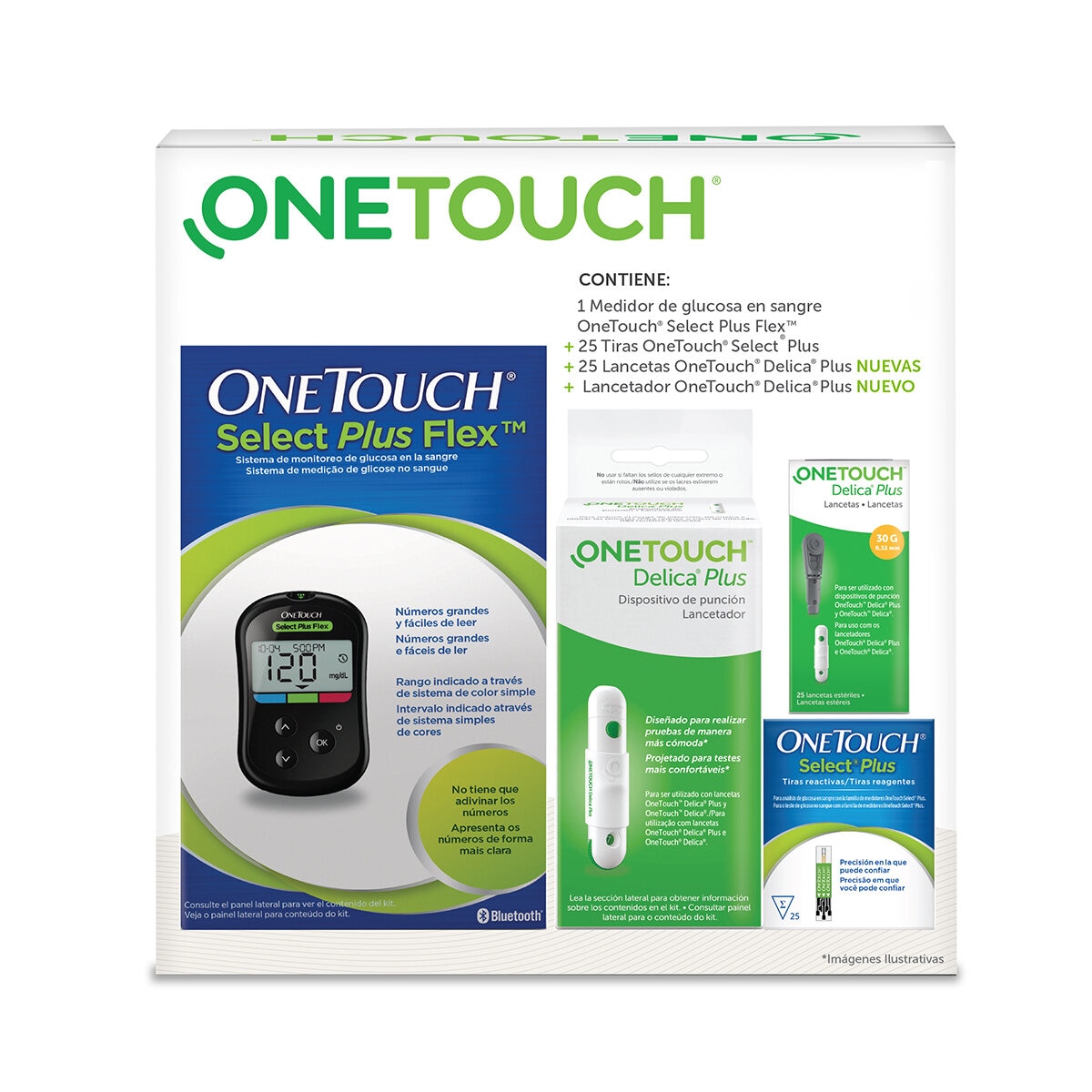 OneTouch Select Plus Flex Medidor de Glucosa en Sangre + 25Tiras Reactivas + 25 Lancetas y Puncionador